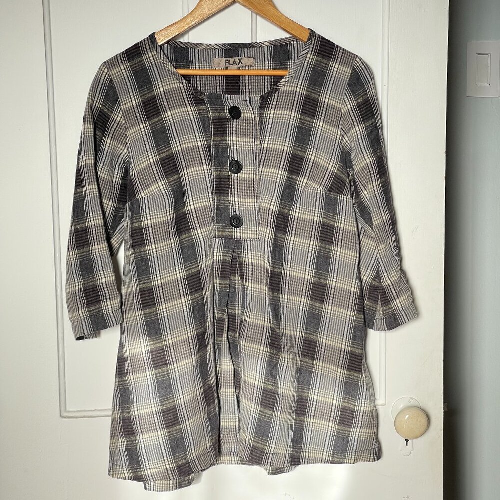 FLAX 100% Linen Plaid Popover Tunic Blouse, Size XS